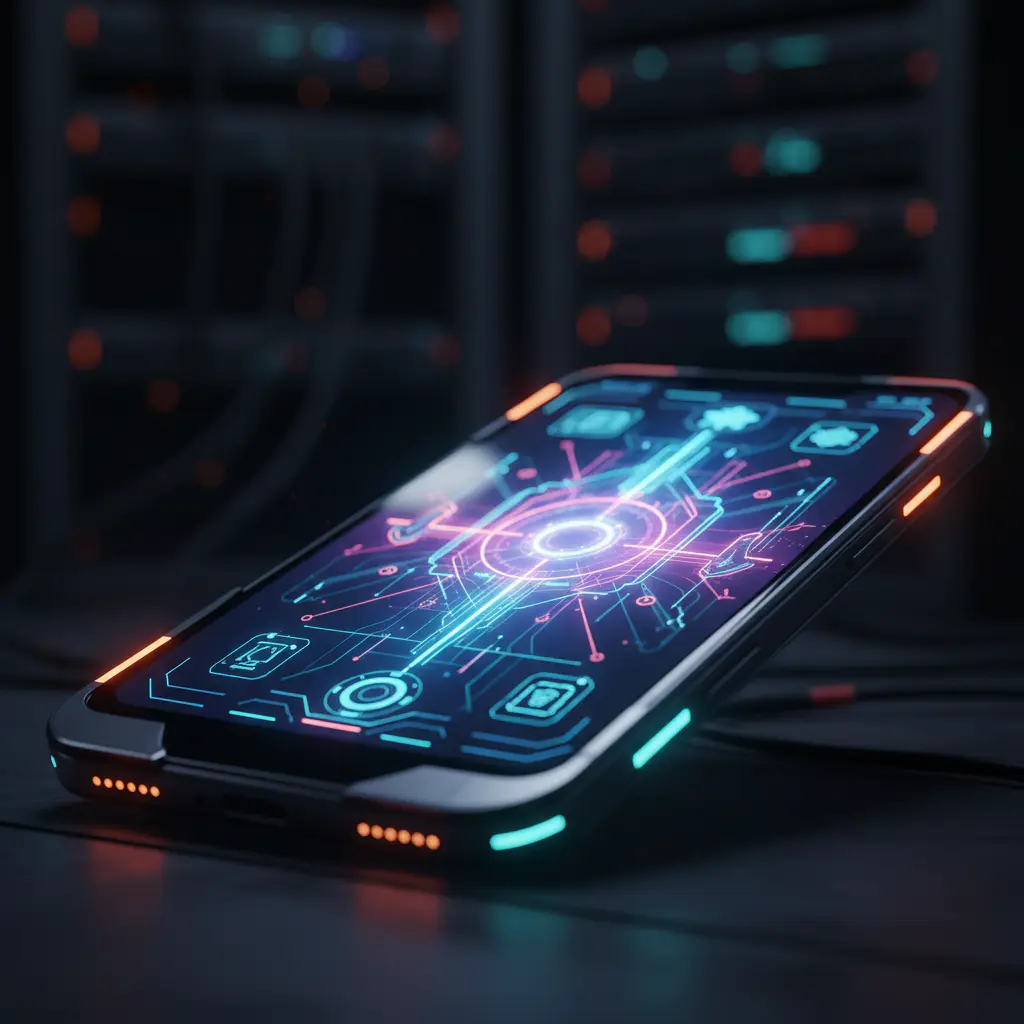 Futuristic smartphone with neon interface